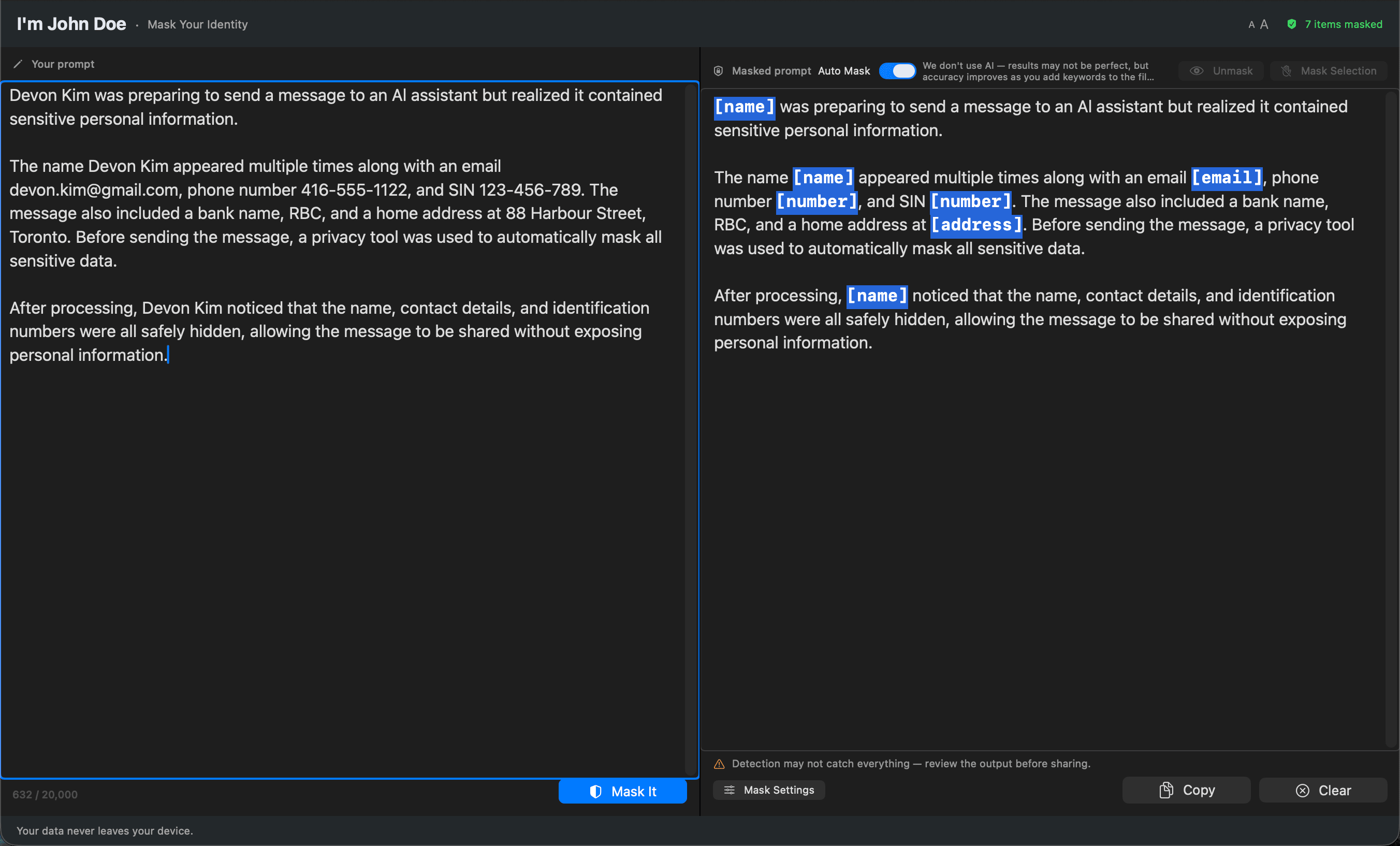 I'm John Doe app — split pane showing original text and masked output