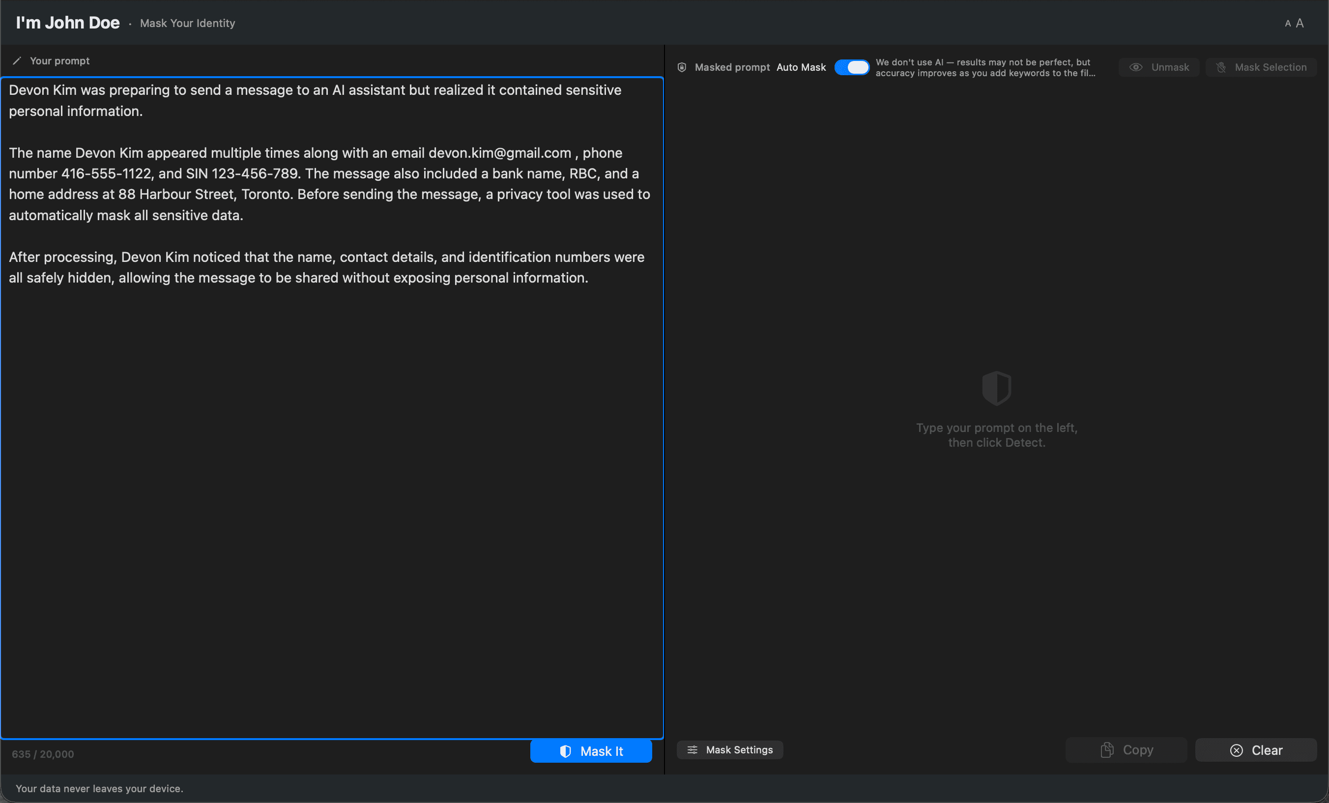 Before masking — original text with personal data