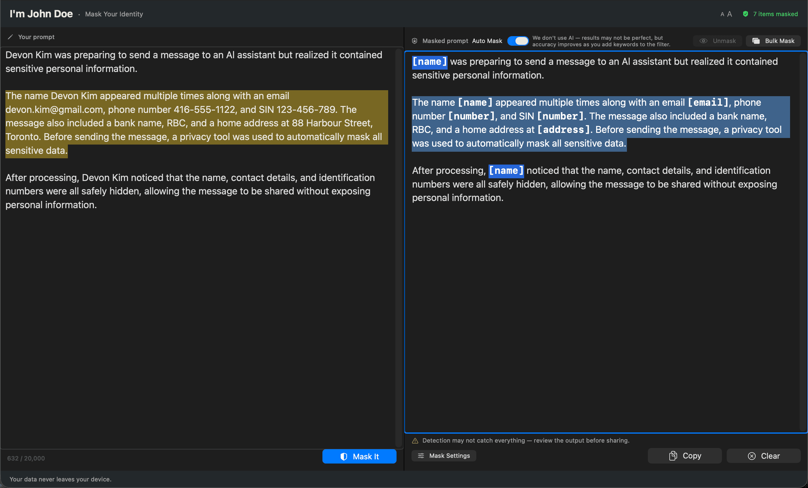 Bulk masking with all PII highlighted in source