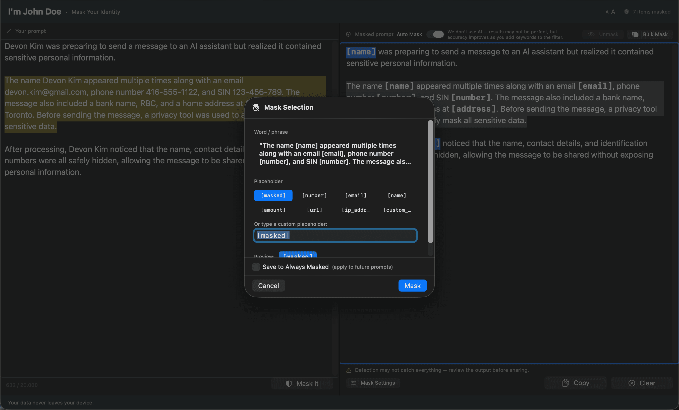 Mask Selection popup with placeholder buttons and a custom placeholder input, [masked] selected by default