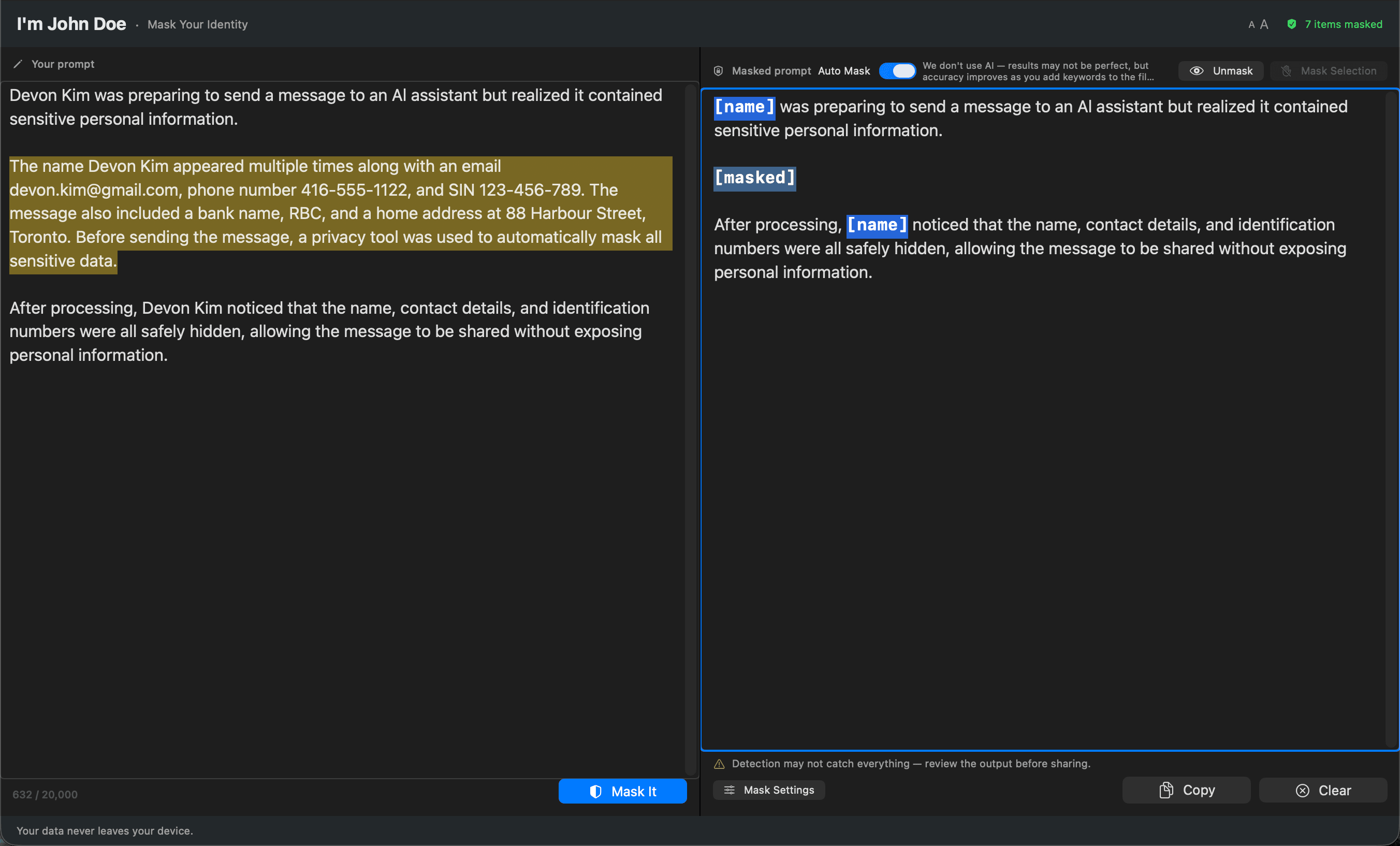 Selected paragraph replaced with a single [masked] label after confirming the choice