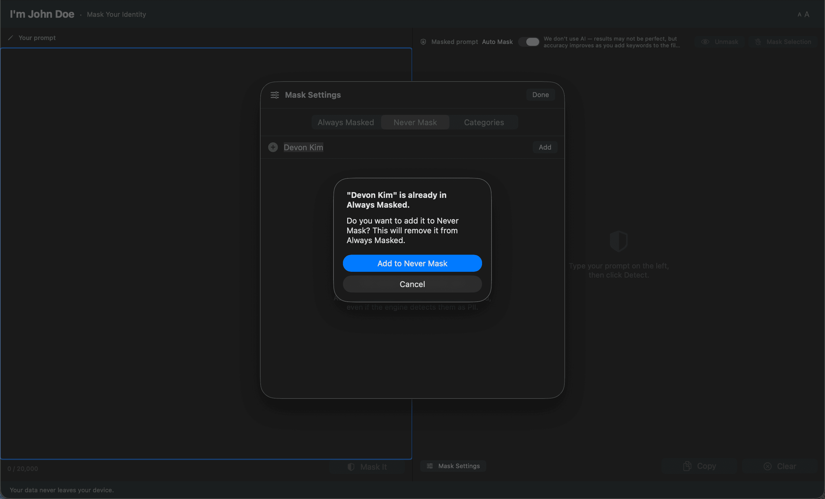 Duplication check dialog — conflict between Always Masked and Never Mask