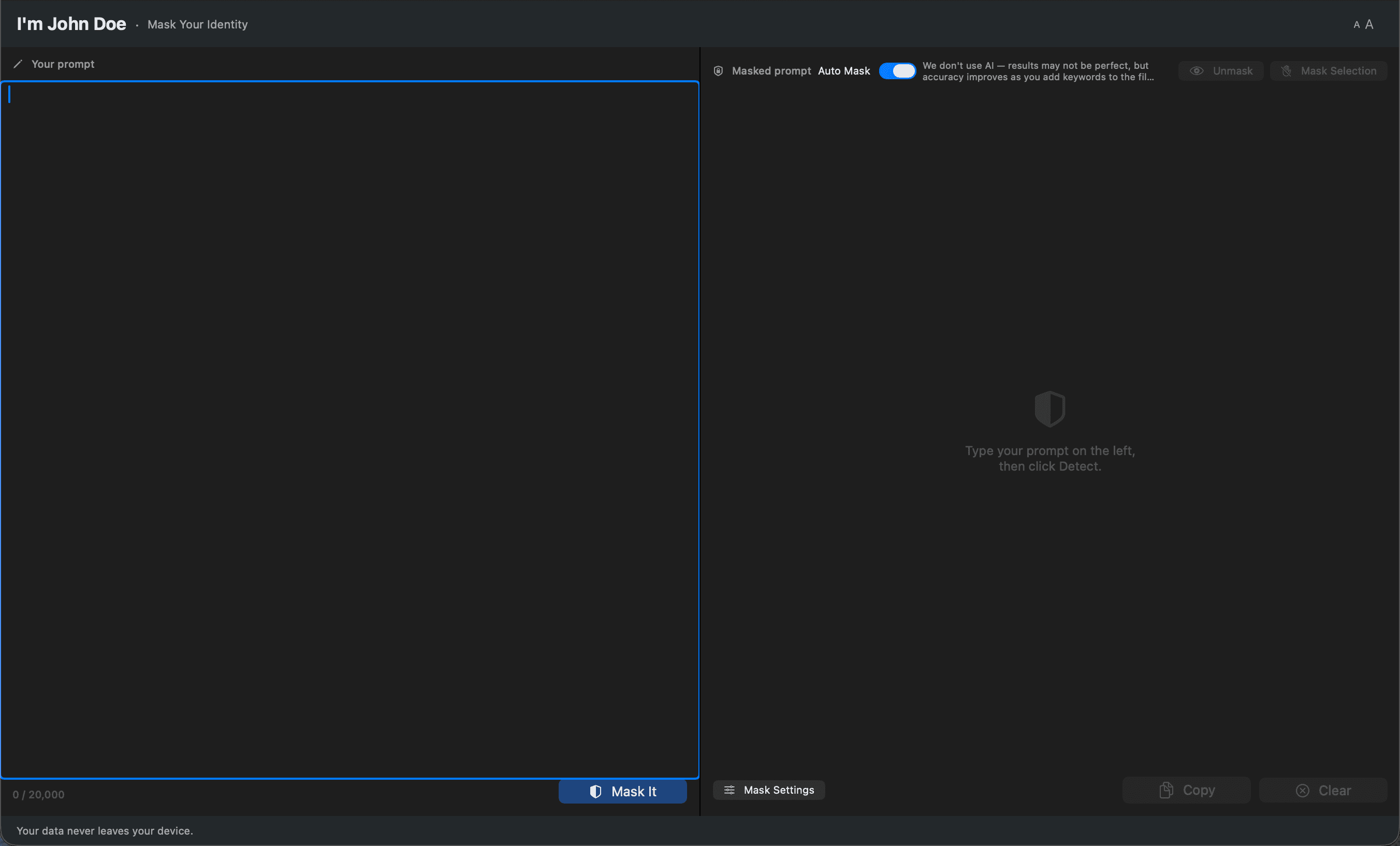 Empty app state — blank prompt box on the left, Detect placeholder on the right, 0 / 20,000 counter