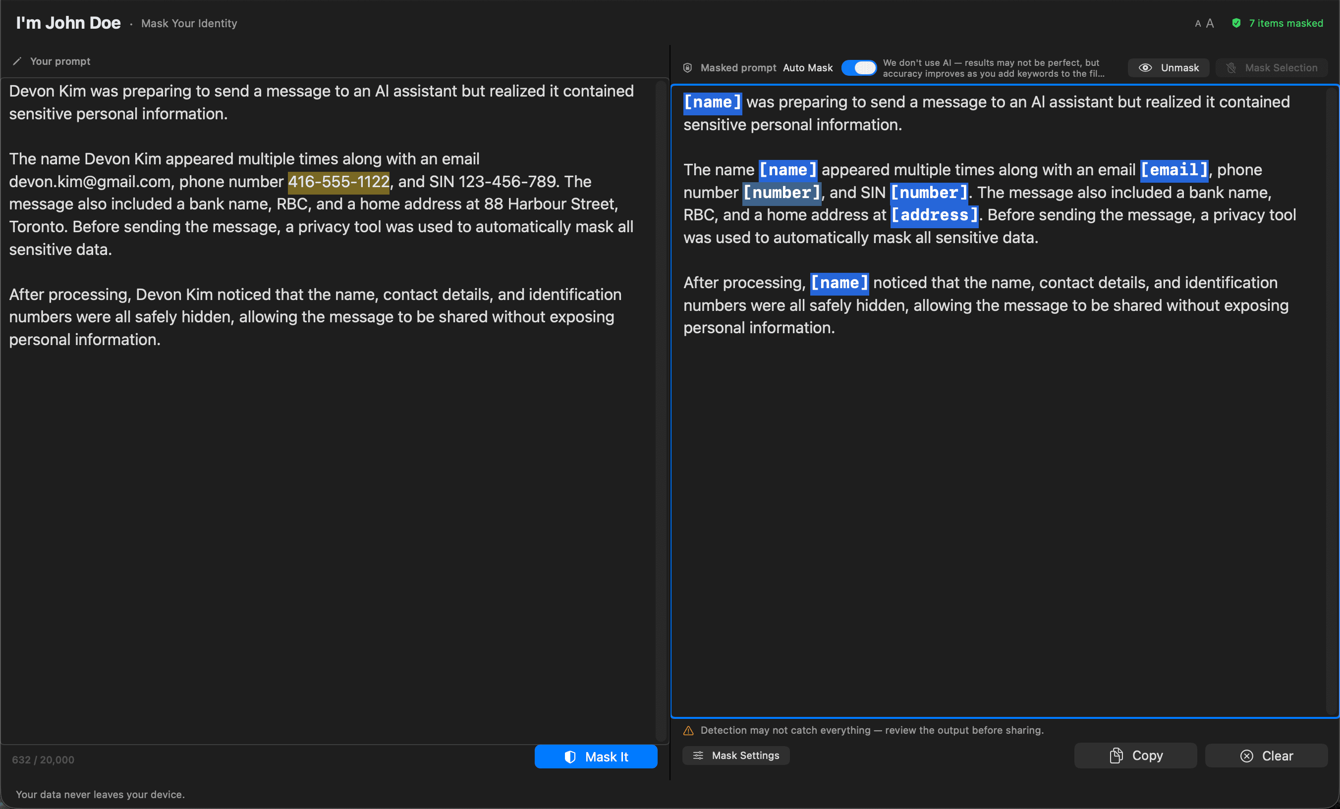 Source text with individual PII highlighted