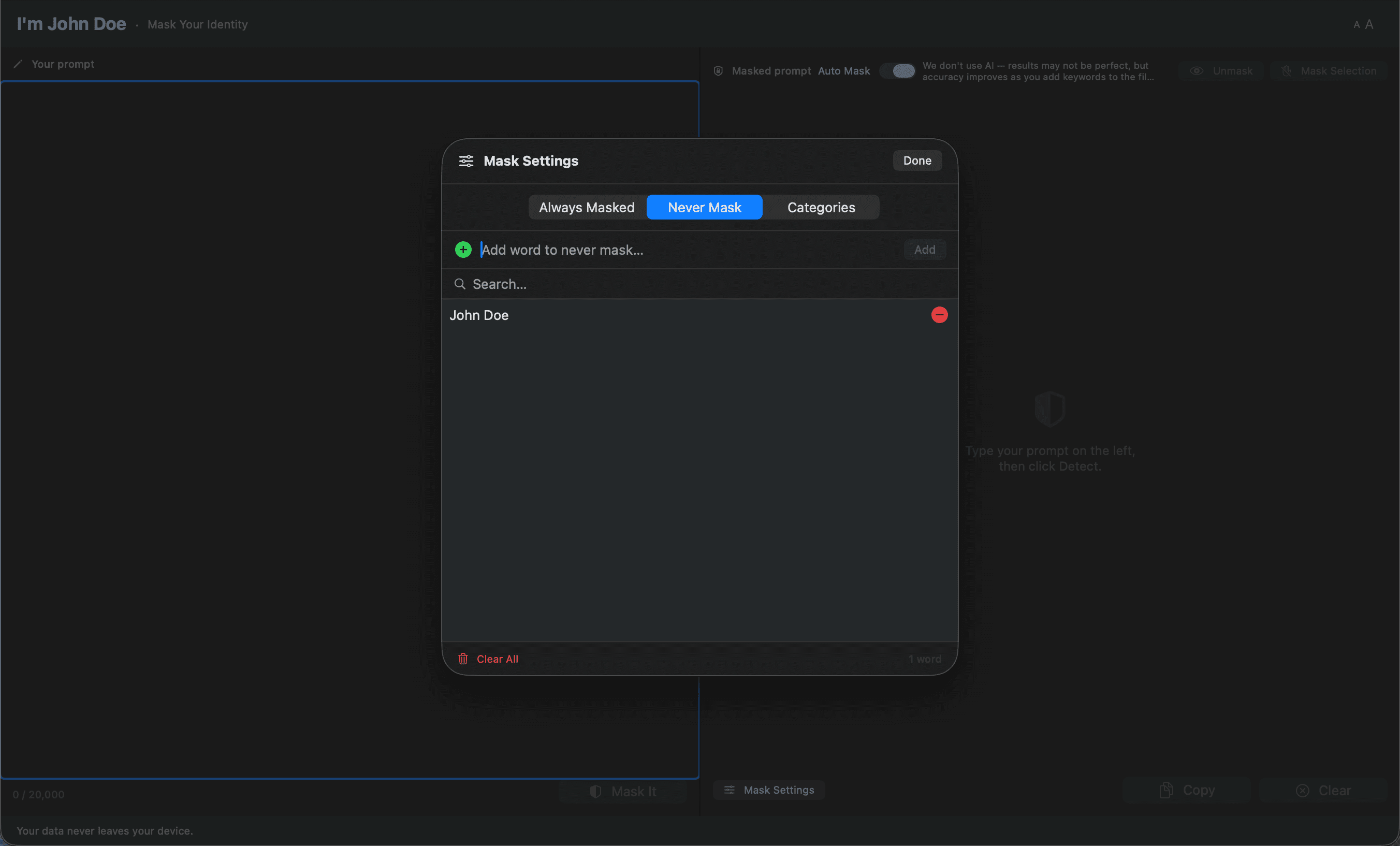 Never Mask settings panel with John Doe added