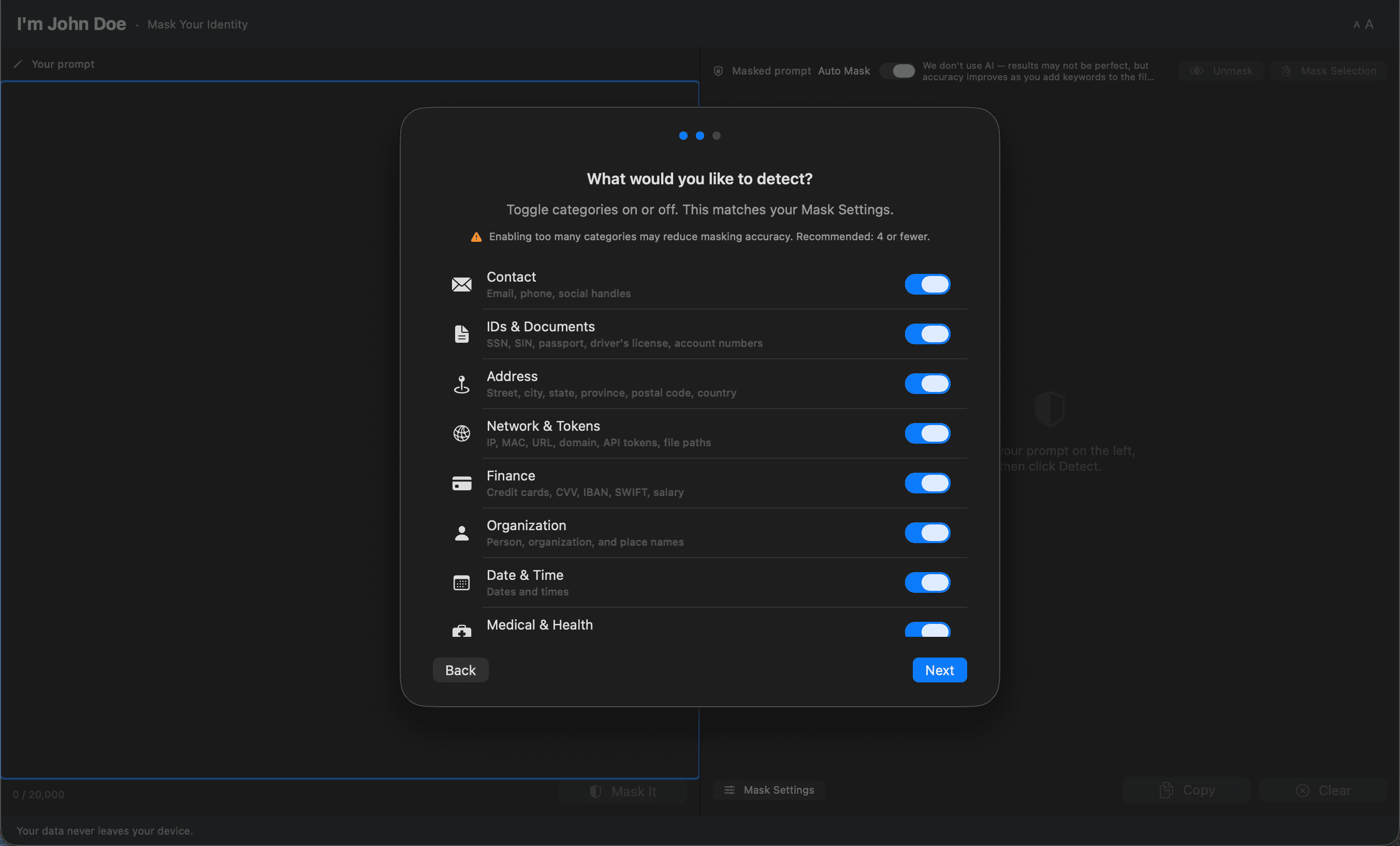 Onboarding step 2: choose detection categories
