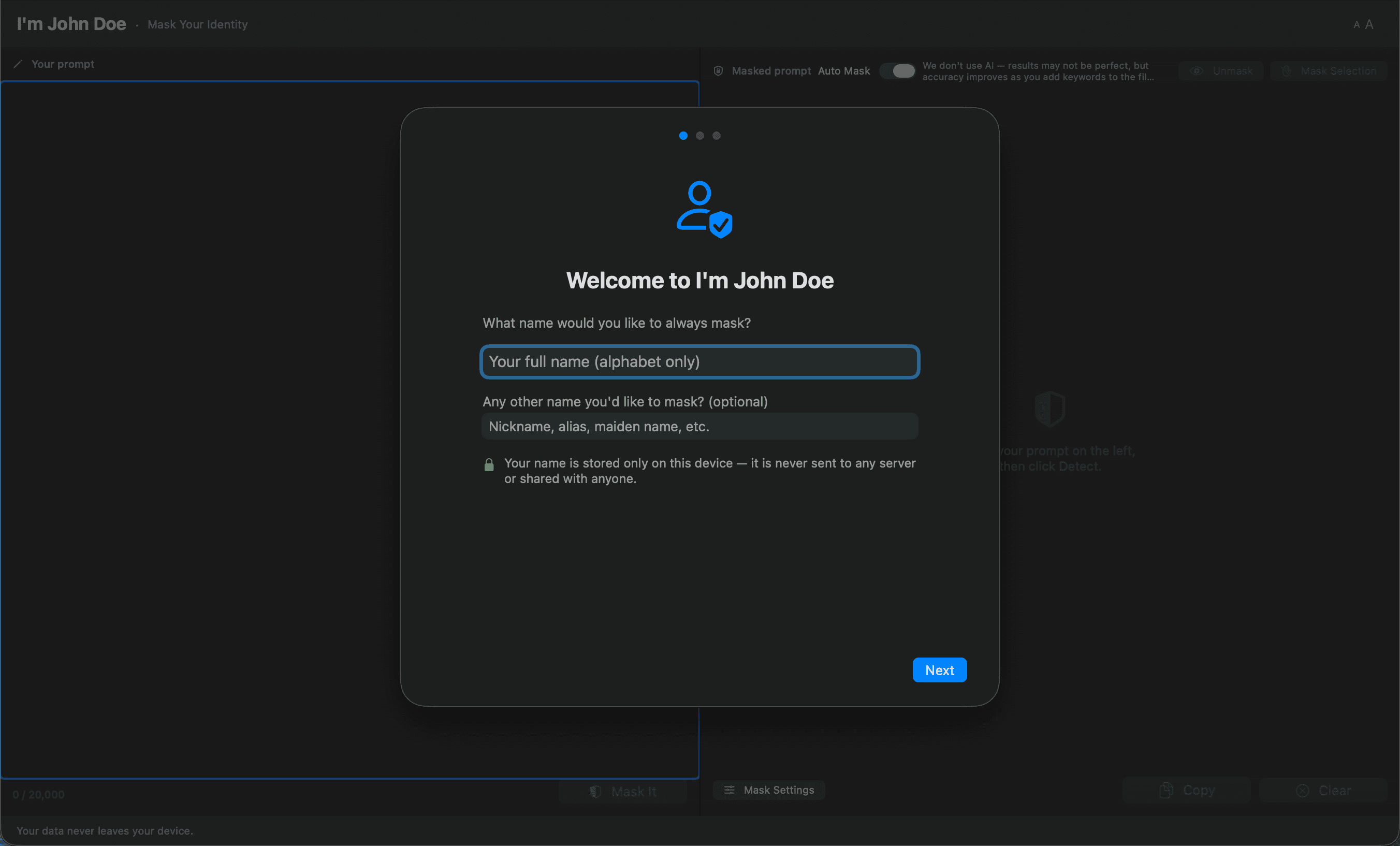 Onboarding step 1: enter your name