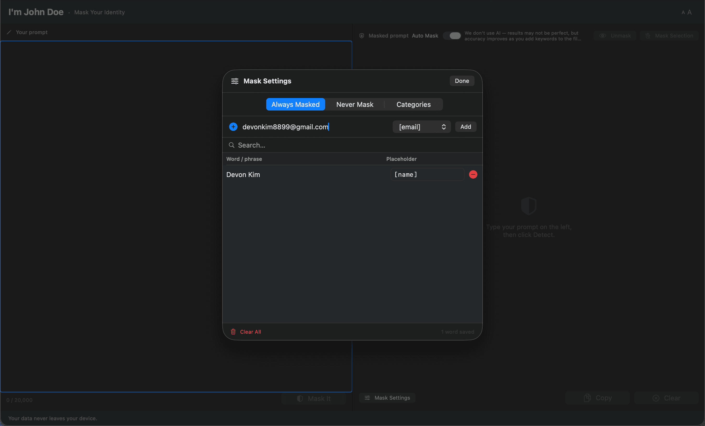 Always Masked settings — adding a new email