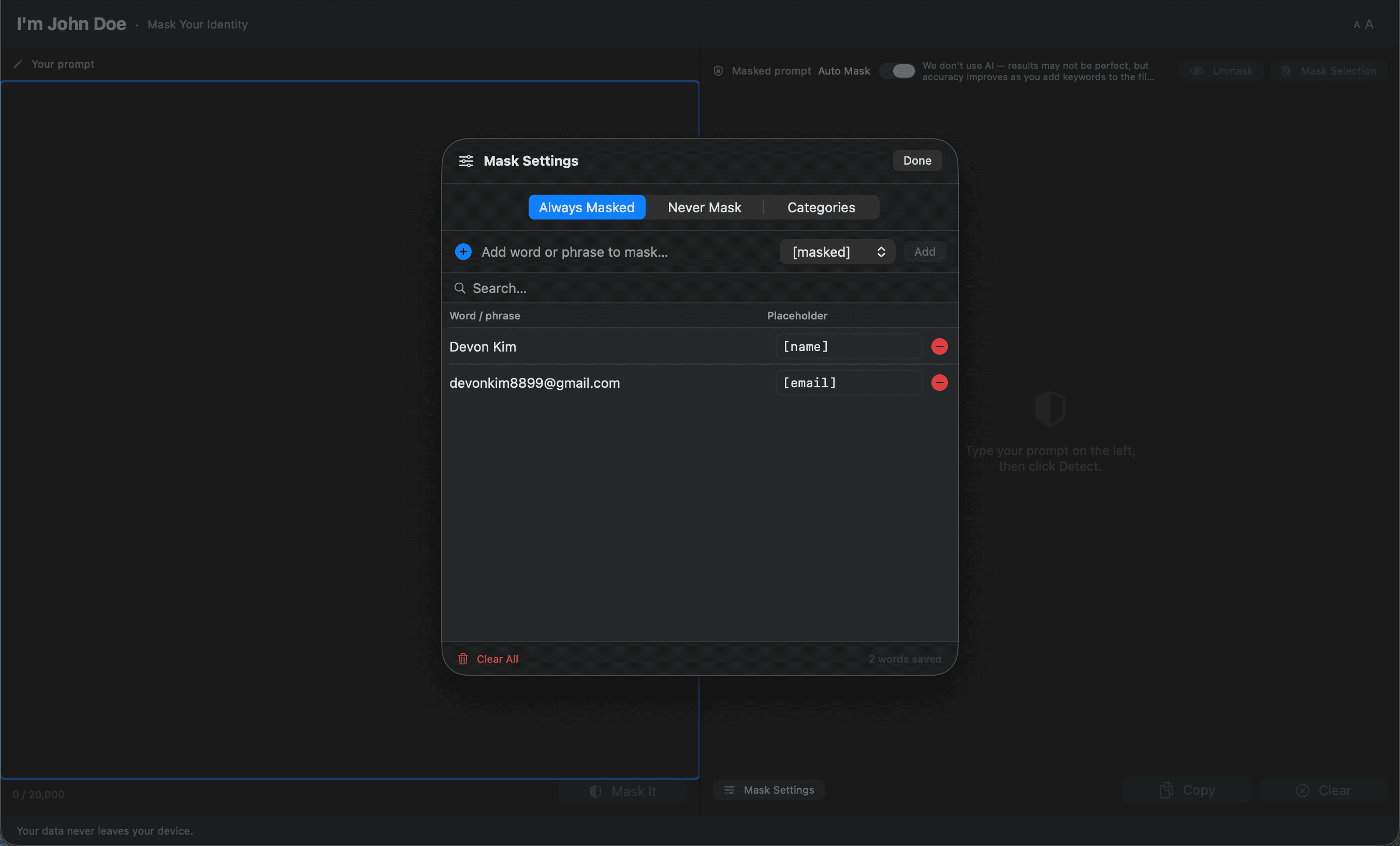 Always Masked settings — list with name and email entries