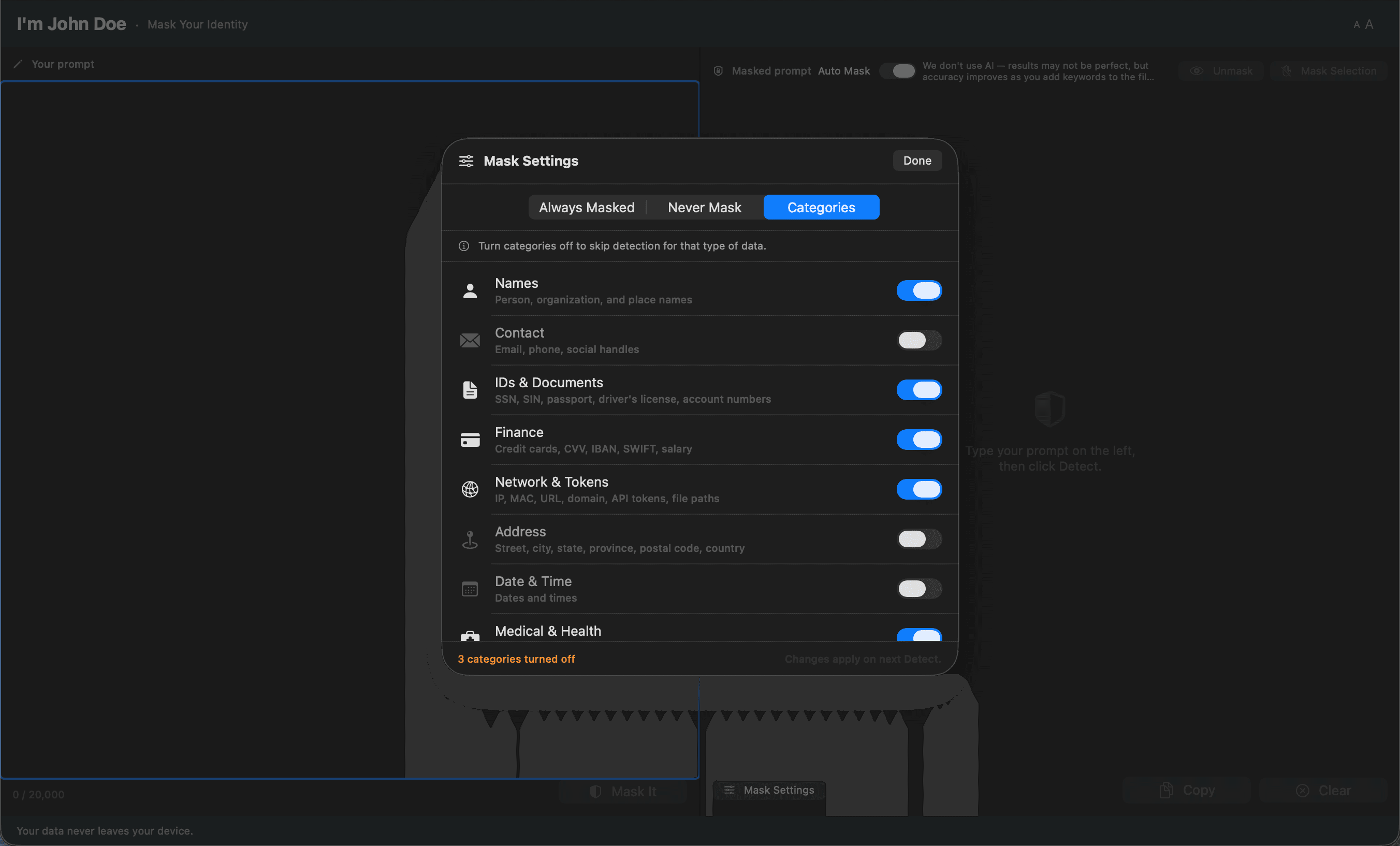 Mask Settings — Categories panel with 10 toggleable detection categories
