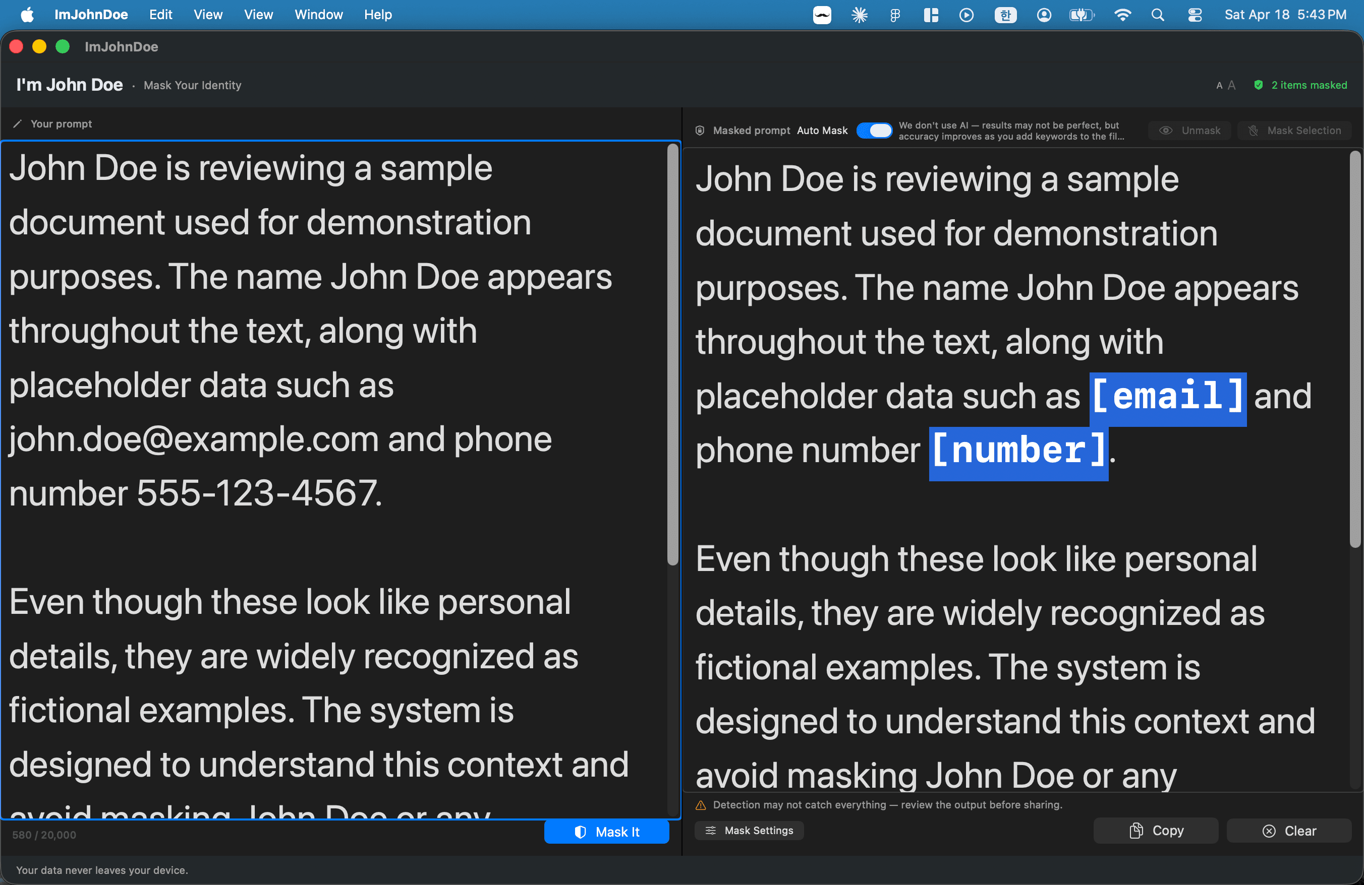 Text size toggle set to maximum — both original and masked views render in large type, "2 items masked" header visible with A and AA buttons.