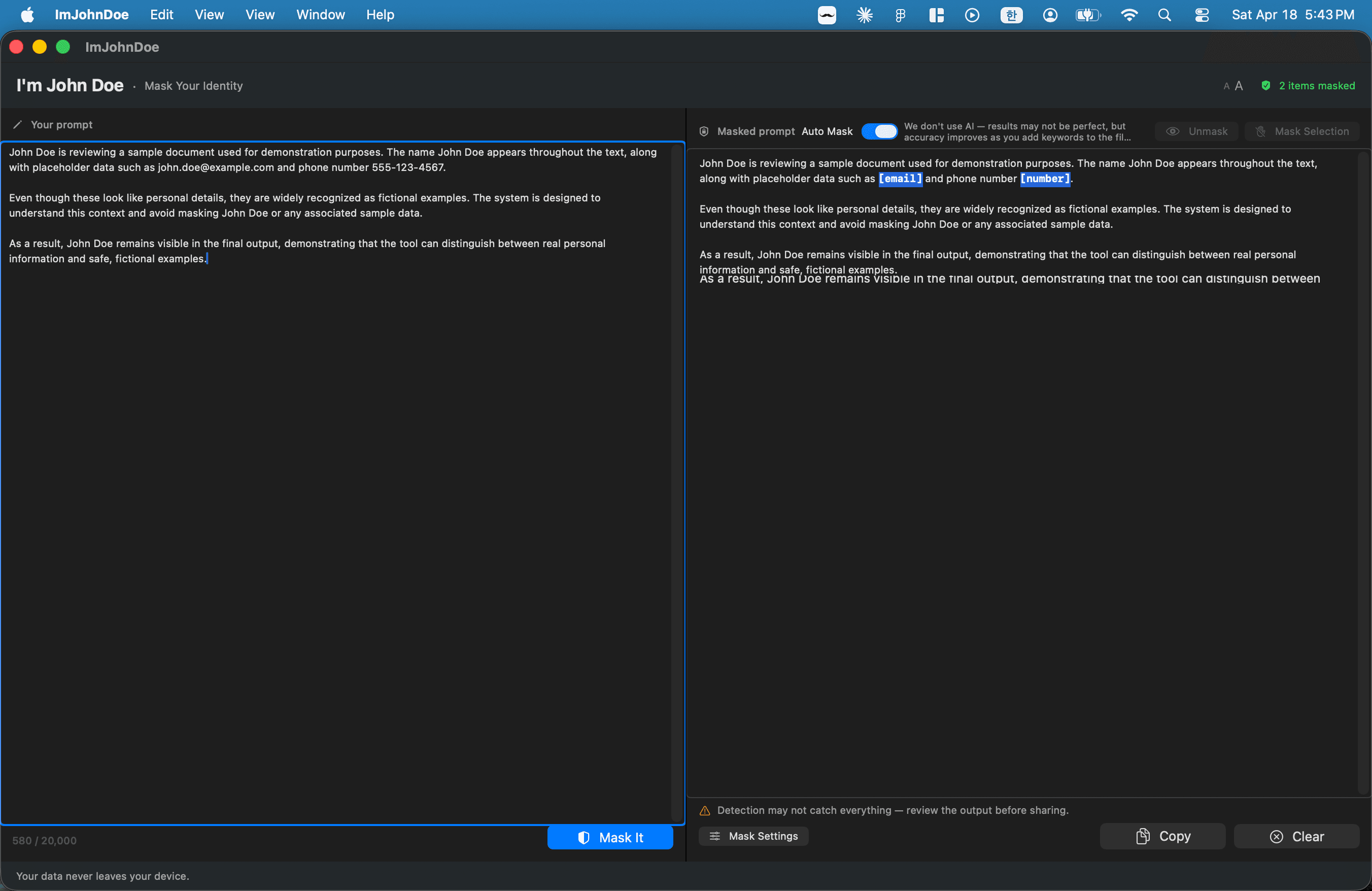 Text size toggle set to minimum — same masked and original content renders in compact type, leaving generous whitespace around the canvas.